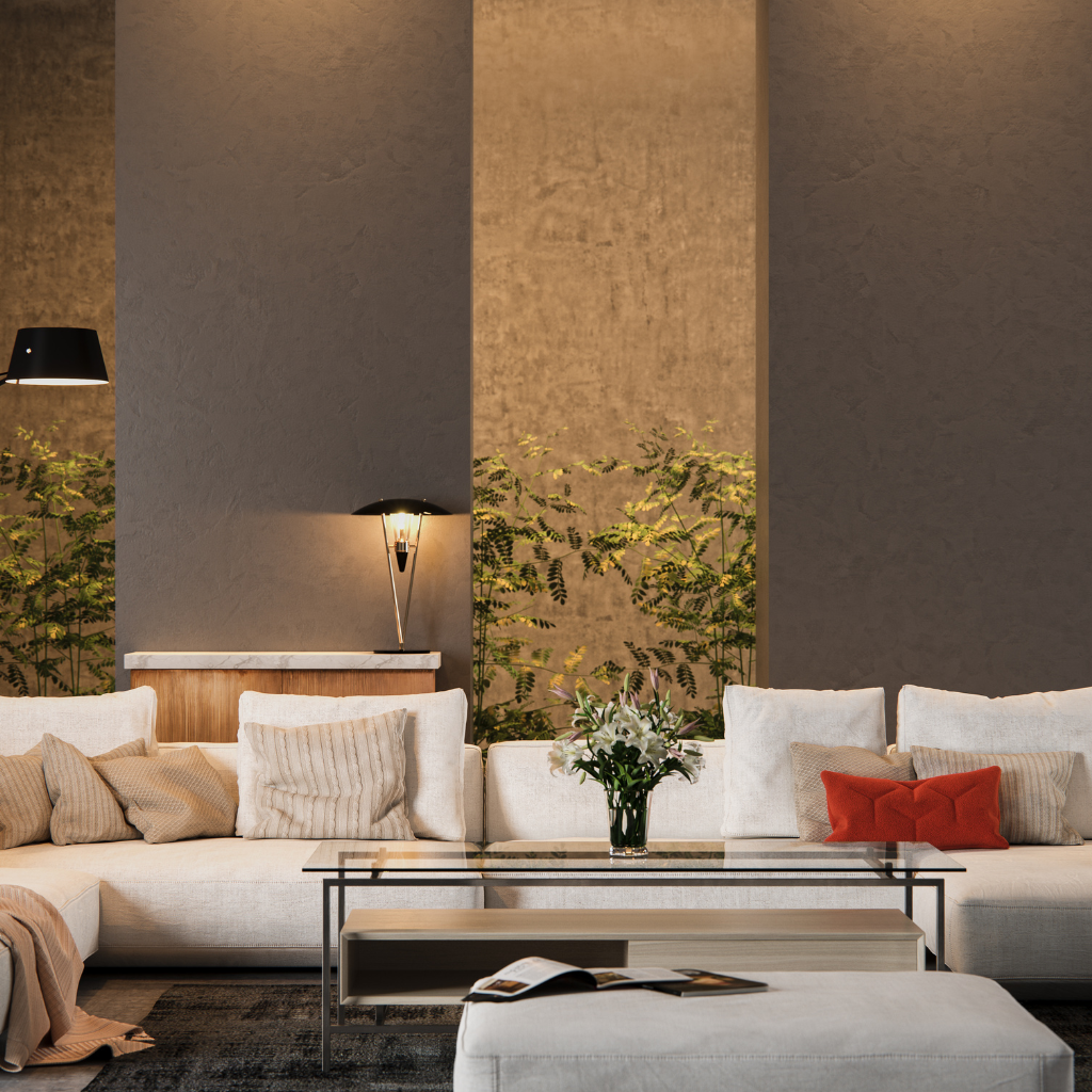 sofa with lights and table