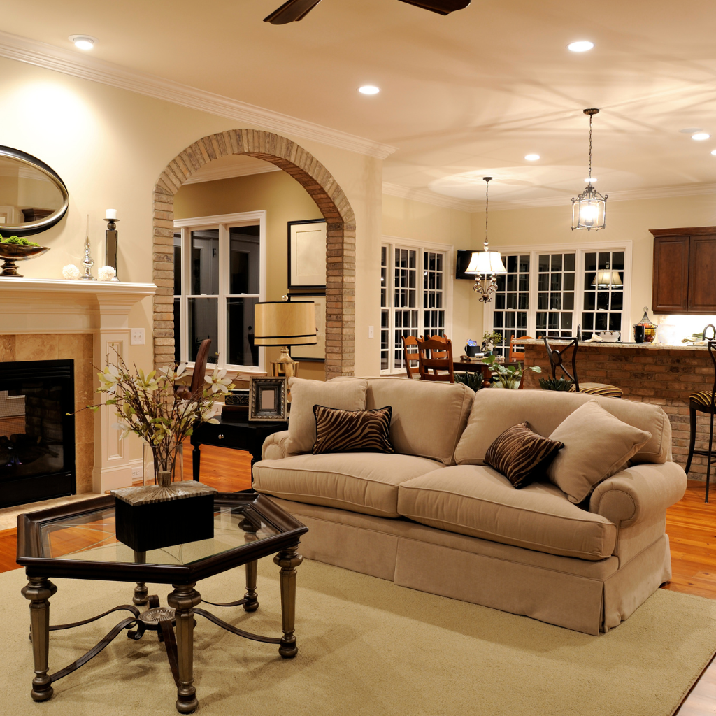 a sofa , a table lights