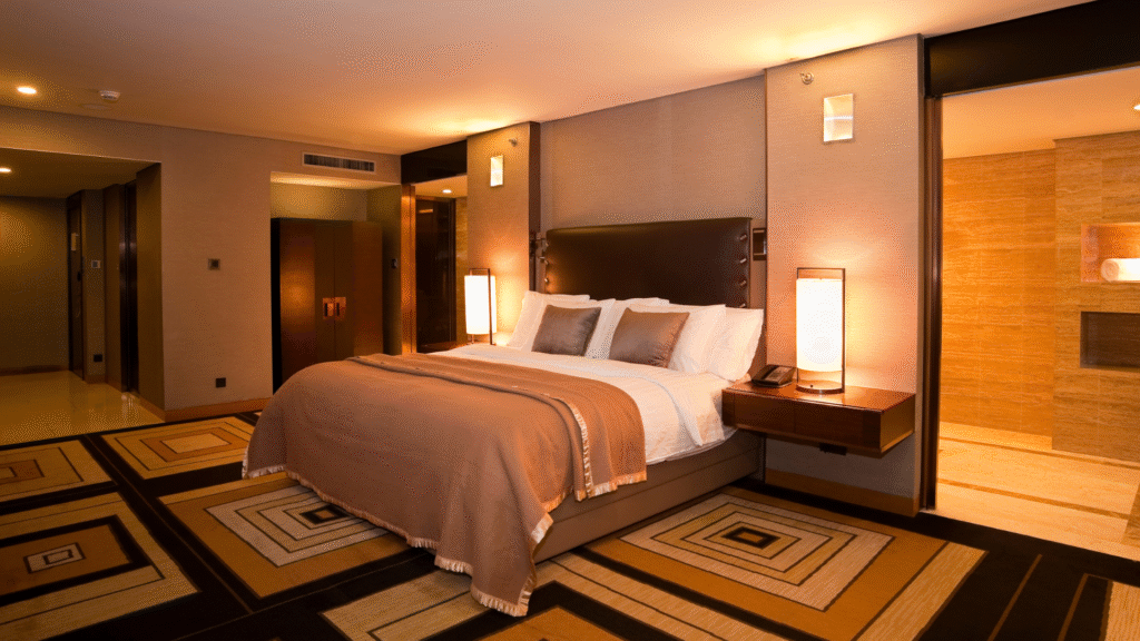 A room with dim light on.