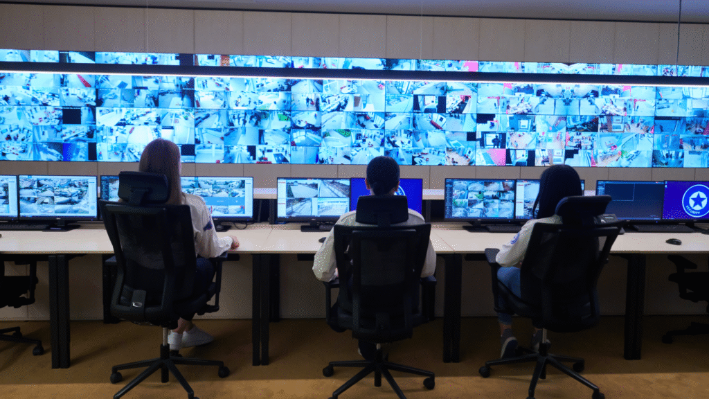a room in which there are chair and 3 people are siting and watching something on the screen .